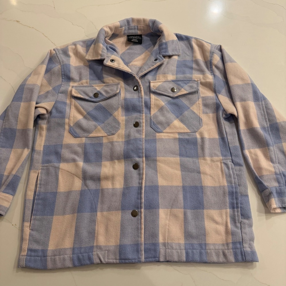 HFX Blue Cream Buffalo Plaid Wool Blend Snap Front Shacket Shirt Jacket XS